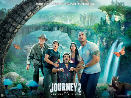 HD PC desktop wallpaper from the movie Journey 2: The Mysterious Island showing five explorers on a lush island with waterfalls, arching stone bridges, butterflies and oversized mushrooms.