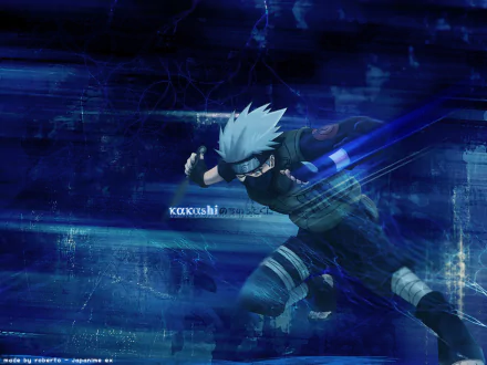 Dynamic HD wallpaper featuring Kakashi Hatake from the anime Naruto. The design showcases a vibrant blue background enhancing the action-packed essence of the character.