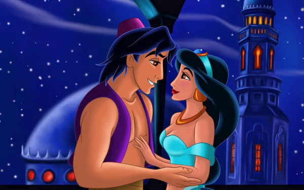 HD desktop wallpaper from the 1992 Aladdin movie featuring Aladdin and Jasmine gazing at each other under a starry night sky with palace towers in the background.