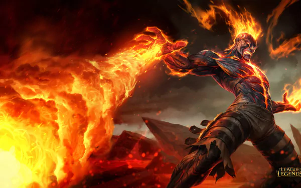 An intense HD wallpaper from League of Legends, featuring a fiery character unleashing flames against a dramatic backdrop of volcanic rocks.