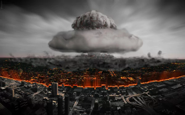 A dramatic HD wallpaper depicting a large explosion with a mushroom cloud looming over a cityscape, highlighting a powerful military theme.