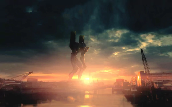 HD desktop wallpaper featuring Evangelion Unit-01 from the anime Neon Genesis Evangelion standing tall against a dramatic sunset background with industrial cranes nearby.