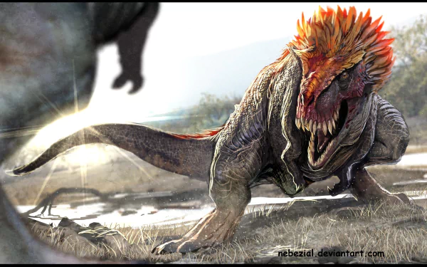 HD desktop wallpaper featuring a fierce Tyrannosaurus Rex with vibrant, fiery scales standing on a grassy plain. The background includes a scenic landscape with a waterbody and distant trees.