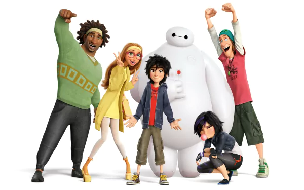 A vibrant 4K Ultra HD wallpaper featuring characters from the movie Big Hero 6, showcasing a diverse group of friends and their lovable robot companion.