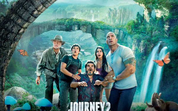 HD PC desktop wallpaper from the movie Journey 2: The Mysterious Island showing five explorers on a lush island with waterfalls, arching stone bridges, butterflies and oversized mushrooms.