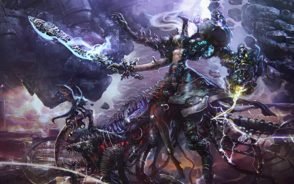 HD PC desktop wallpaper featuring a dark warrior wielding a glowing sword and staff, standing amidst a stormy, mystical battlefield with intense, dramatic lighting.