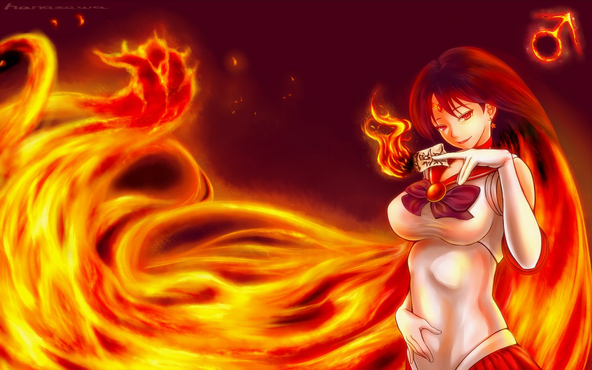 Vibrant HD desktop wallpaper featuring a character from Sailor Moon, surrounded by flowing flames, showcasing a dynamic and captivating anime illustration.