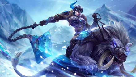 Sejuani from League of Legends rides a fierce beast through a snowy landscape, showcasing stunning art from the game. This high-definition wallpaper captures the epic atmosphere of gameplay.
