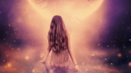 A woman sits gracefully in a serene landscape, gazing at a luminous moon, surrounded by ethereal colors, creating an artistic and captivating HD desktop wallpaper.