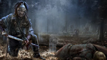 Total War: Rome II HD PC desktop wallpaper — bloodied Roman warrior kneels on a misty battlefield amid fallen soldiers and scattered weapons.