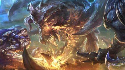 HD PC desktop wallpaper from the video game League of Legends: Garen charges the towering Cho'Gath as fiery magic and monstrous jaws clash in an epic battlefield scene.