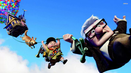 A colorful HD wallpaper featuring characters from the movie Up, including Carl, Russell, and a dog, soaring through the sky with a floating house supported by balloons.