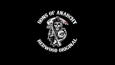 A striking HD desktop wallpaper featuring the iconic logo of Sons of Anarchy, showcasing a skull, crossed weapons, and the text Redwood Original on a black background.