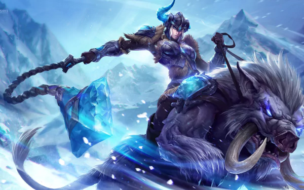 Sejuani from League of Legends rides a fierce beast through a snowy landscape, showcasing stunning art from the game. This high-definition wallpaper captures the epic atmosphere of gameplay.