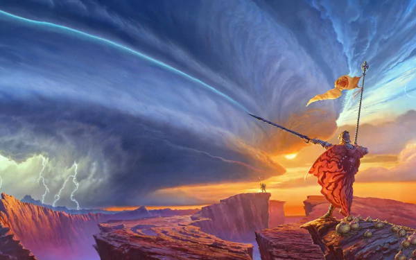 Fantasy warrior stands atop a canyon cliff at sunset, holding a flag as a dramatic storm swirls in the sky—vivid HD PC desktop wallpaper and book cover art.