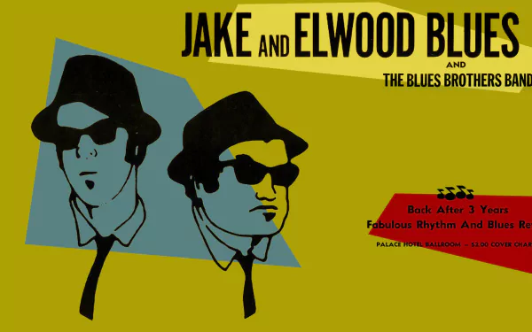 HD desktop wallpaper featuring stylized black and white portraits of Jake and Elwood Blues from the movie The Blues Brothers on a mustard yellow background.