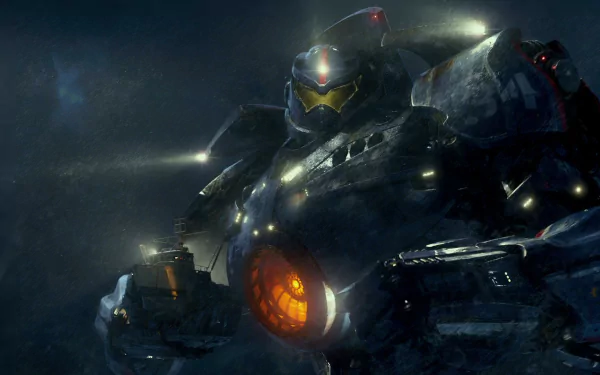 A striking HD desktop wallpaper featuring a towering Jaeger from the movie Pacific Rim, set against a dramatic, moody background, showcasing its powerful design and intricate details.