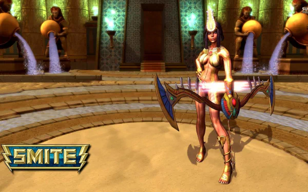 HD PC desktop wallpaper featuring a female warrior character from the video game Smite, standing confidently in an ancient arena with glowing green torches.