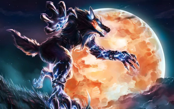 Fenrir from Smite stands menacingly against a glowing full moon, showcasing dynamic energy and striking details in this HD desktop wallpaper background for the game.
