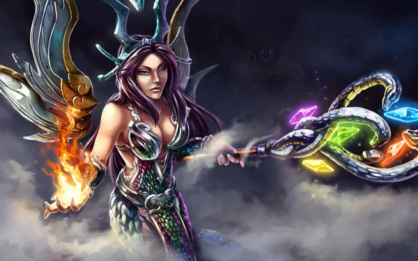 Nu Wa from the video game Smite stands confidently, wielding a mystical staff with vibrant gems, surrounded by mist, showcasing her powerful presence in this HD desktop wallpaper.