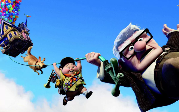 A colorful HD wallpaper featuring characters from the movie Up, including Carl, Russell, and a dog, soaring through the sky with a floating house supported by balloons.