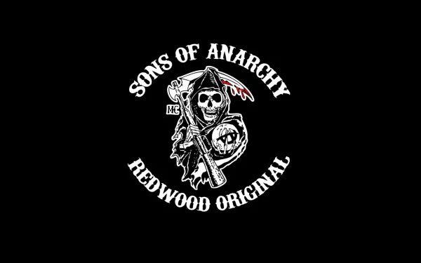A striking HD desktop wallpaper featuring the iconic logo of Sons of Anarchy, showcasing a skull, crossed weapons, and the text Redwood Original on a black background.