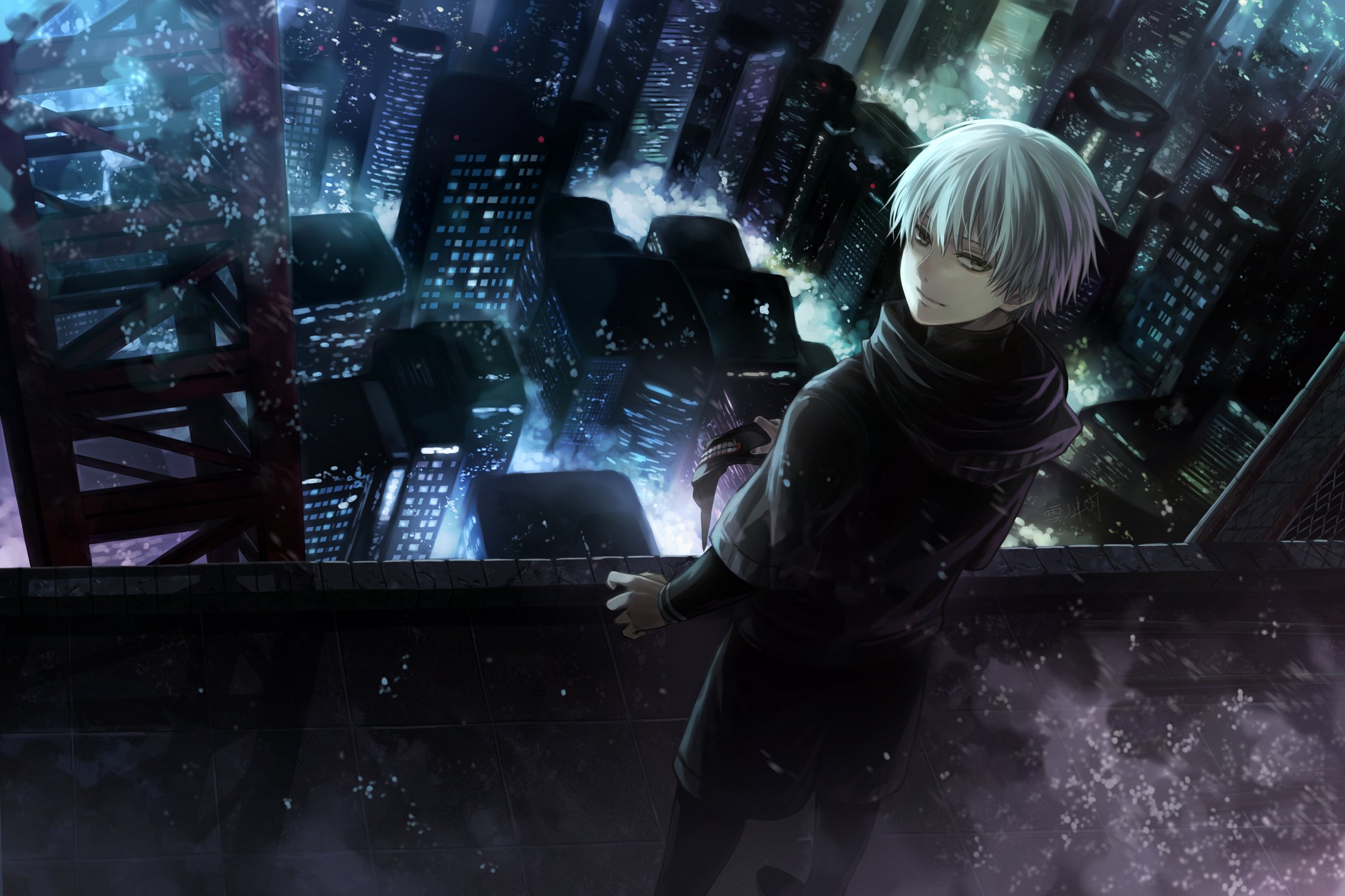 HD desktop wallpaper of Ken Kaneki from Tokyo Ghoul, featuring him with white hair and grey eyes, wearing a mask, standing on a city rooftop at night.