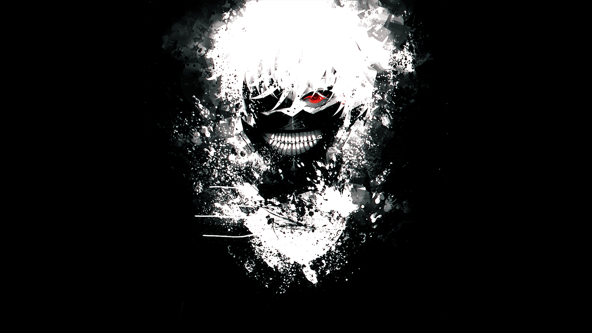 HD wallpaper featuring Ken Kaneki from Tokyo Ghoul with a striking mask, red eyes, and white hair, set against a dark, abstract background.