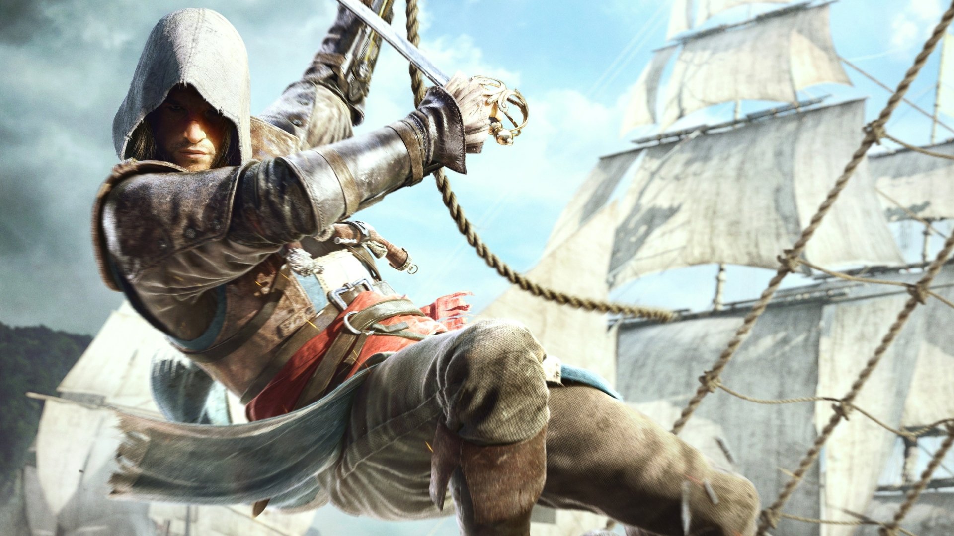 HD desktop wallpaper featuring a scene from the video game Assassin's Creed IV: Black Flag, depicting a hooded figure holding a sword, swinging on a rope with a ship's sails in the background.