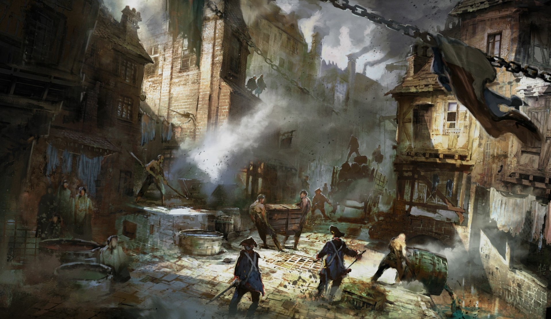 4K Ultra HD Assassin's Creed: Unity PC wallpaper depicting a cinematic revolutionary battle scene in a detailed, historic urban setting.