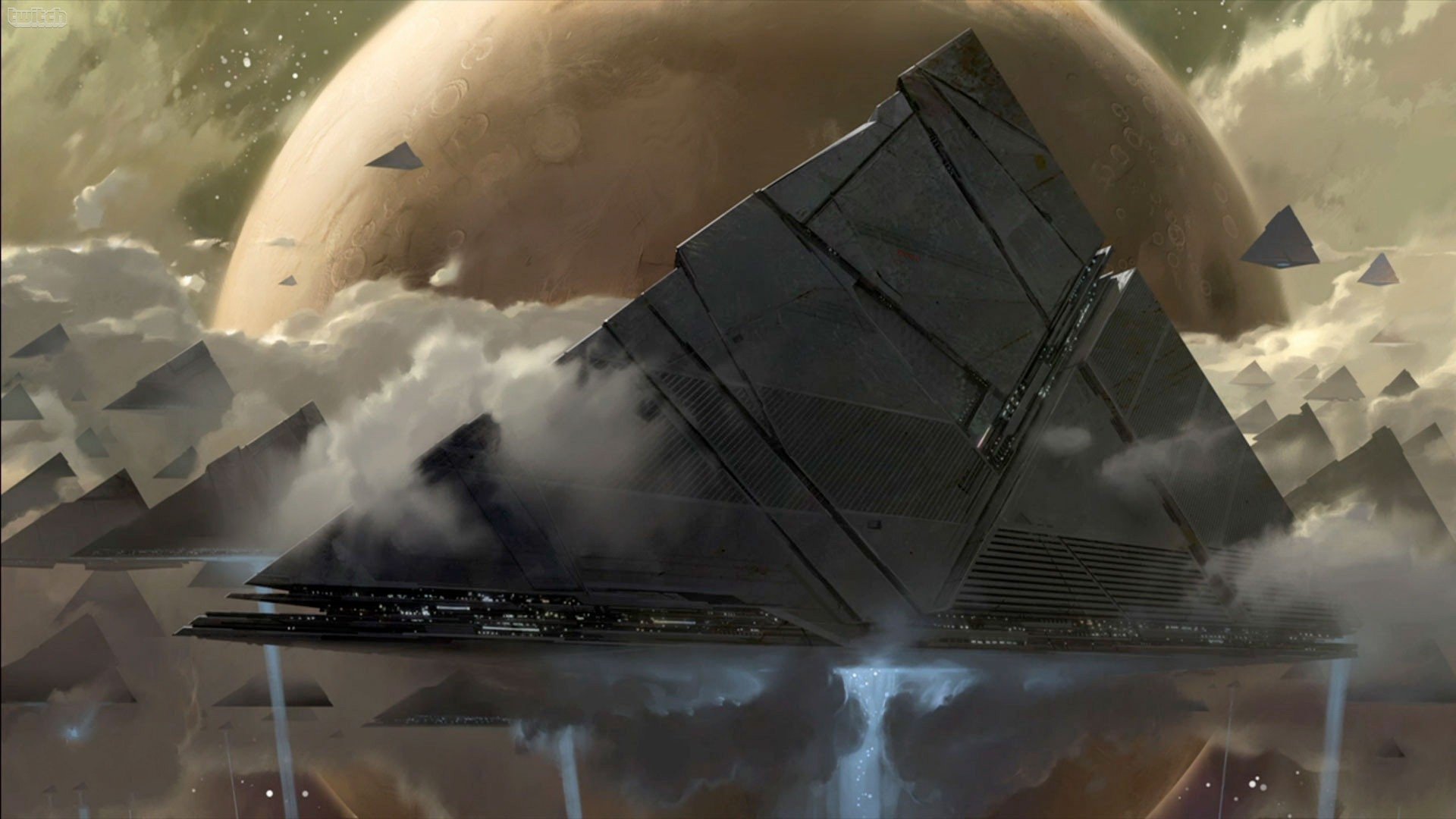 A stunning HD desktop wallpaper featuring a massive, angular structure shrouded in clouds, set against a celestial backdrop, themed around the video game Destiny.