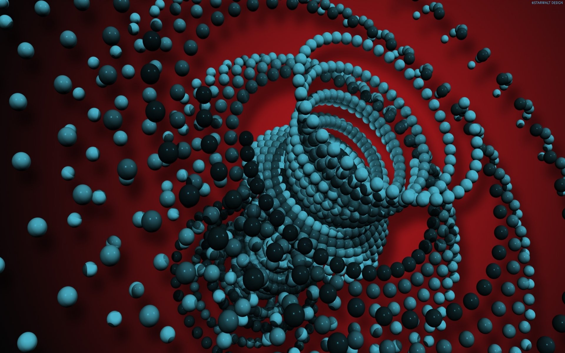 HD PC desktop wallpaper featuring an abstract arrangement of blue spheres forming spirals and circular patterns against a deep red background.
