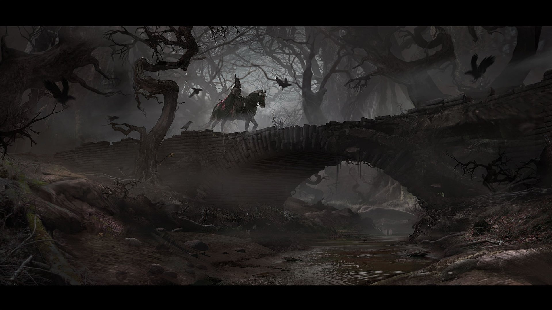 A mysterious knight rides on horseback through a foggy, dark forest, crossing an ancient stone bridge under a canopy of twisted trees and swirling crows, set as a stunning fantasy HD desktop wallpaper.