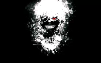 HD wallpaper featuring Ken Kaneki from Tokyo Ghoul with a striking mask, red eyes, and white hair, set against a dark, abstract background.