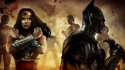 High-definition wallpaper featuring characters from Injustice: Gods Among Us, including Harley Quinn, Flash, Superman, Batman, and Wonder Woman, set against a dramatic background.