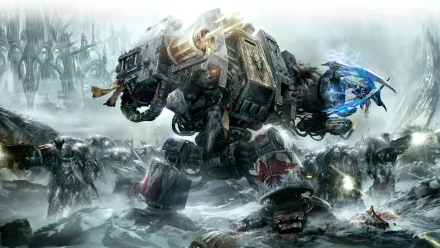 HD PC desktop wallpaper showcasing an intense Warhammer 40k battle scene featuring a towering battle mech amidst futuristic warriors in a misty battlefield.