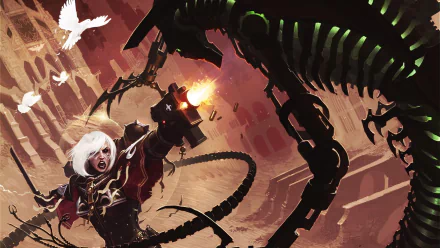 HD PC desktop wallpaper featuring a Warhammer 40k video game scene with a white-haired warrior firing at a towering skeletal mech in a dark, battle-torn environment.