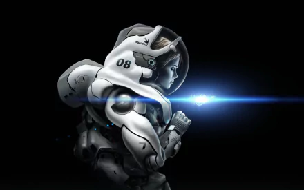 HD desktop wallpaper featuring a futuristic astronaut in white armor, emitting a blue beam of light against a dark background, creating a visually striking sci-fi theme.