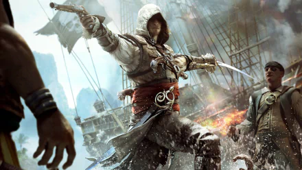 HD PC desktop wallpaper from the video game Assassin's Creed IV: Black Flag, featuring the protagonist in action aboard a ship during battle.