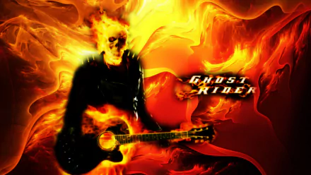 HD wallpaper featuring Ghost Rider surrounded by fiery swirls, holding a guitar. The vibrant colors capture the essence of the iconic character from the movie.