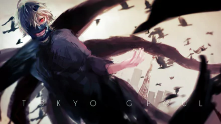 HD desktop wallpaper featuring Ken Kaneki from the anime Tokyo Ghoul with a dramatic pose and background, showing his ghoul form with vibrant details and dynamic composition.