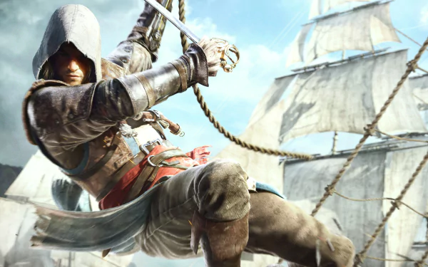 HD desktop wallpaper featuring a scene from the video game Assassin's Creed IV: Black Flag, depicting a hooded figure holding a sword, swinging on a rope with a ship's sails in the background.