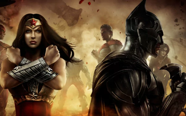 High-definition wallpaper featuring characters from Injustice: Gods Among Us, including Harley Quinn, Flash, Superman, Batman, and Wonder Woman, set against a dramatic background.
