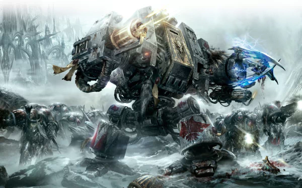 HD PC desktop wallpaper showcasing an intense Warhammer 40k battle scene featuring a towering battle mech amidst futuristic warriors in a misty battlefield.