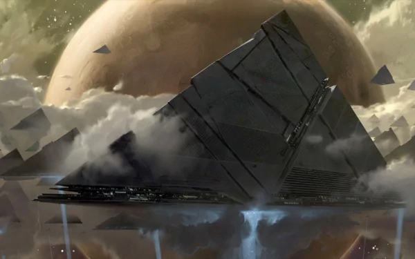 A stunning HD desktop wallpaper featuring a massive, angular structure shrouded in clouds, set against a celestial backdrop, themed around the video game Destiny.