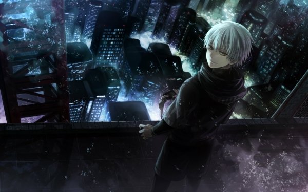 Anime Tokyo Ghoul Ken Kaneki White Hair Mask Rooftop City Night Grey Eyes HD Wallpaper | Background Image