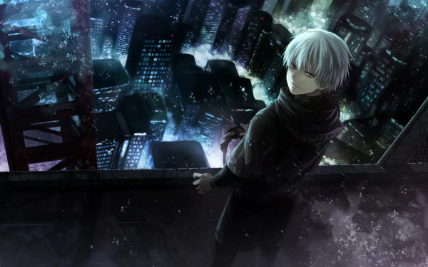 HD desktop wallpaper of Ken Kaneki from Tokyo Ghoul, featuring him with white hair and grey eyes, wearing a mask, standing on a city rooftop at night.