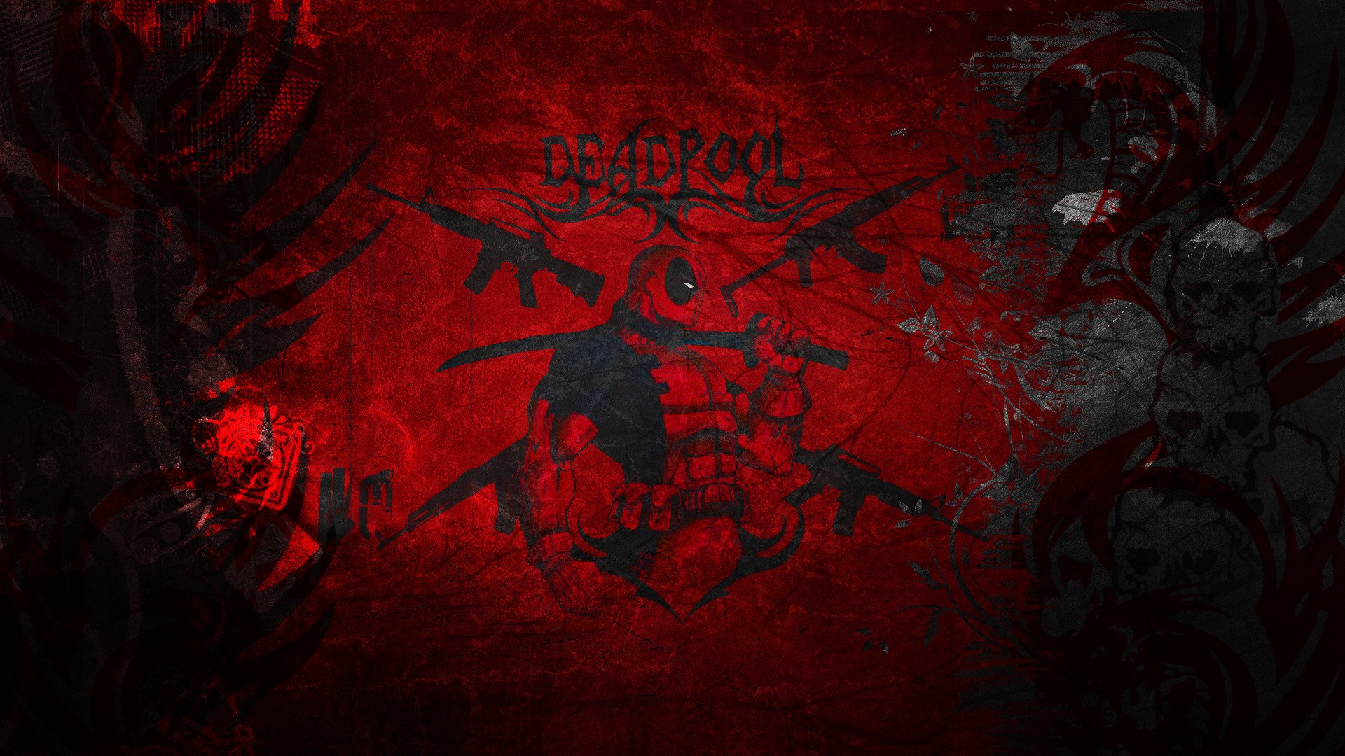 HD PC desktop wallpaper featuring a dark red comic-style Deadpool illustration with weapons and bold graffiti elements.