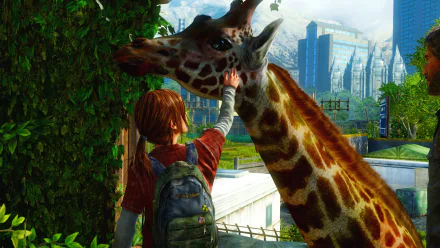 A scene from the video game The Last Of Us, featuring a young girl gently touching a giraffe in a vibrant, overgrown city landscape, captured in stunning HD detail.
