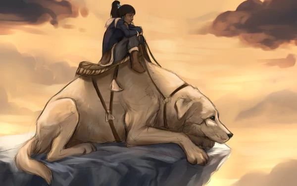 Korra from The Legend of Korra sits atop a large white dog, gazing into the horizon against a stunning sunset backdrop. This HD wallpaper captures a moment of adventure and companionship.